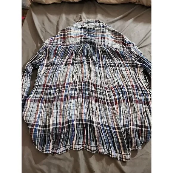 Free People Blue Pink Plaid Patchwork‎ Hooded Popover Blouse Top Size XS - Picture 8 of 10